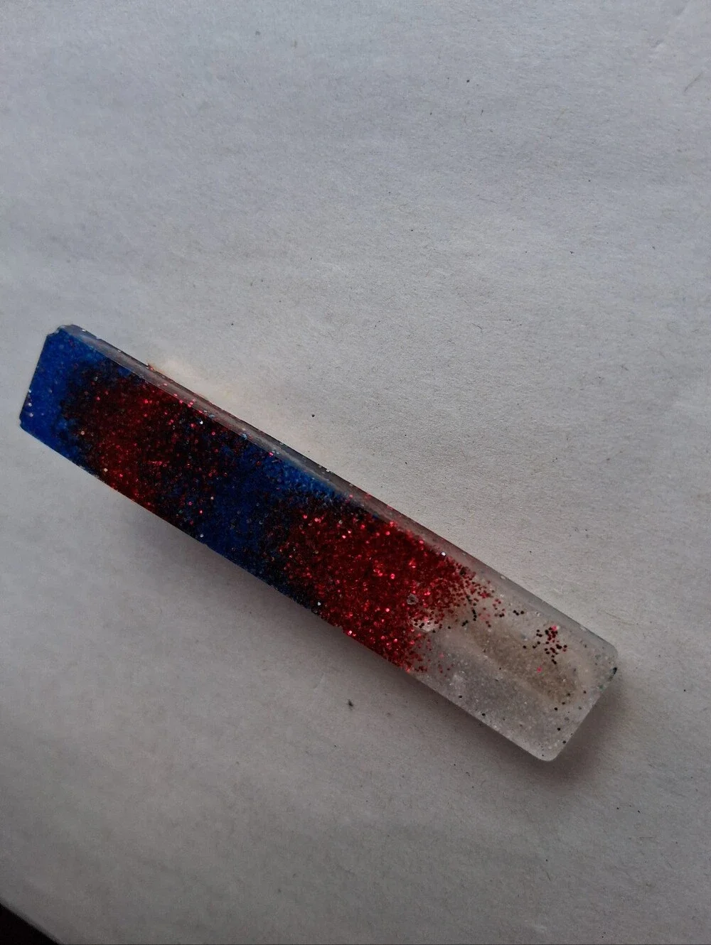 5/$25 Handmade Resin Barrette with Blue, Red & Clear Glitter